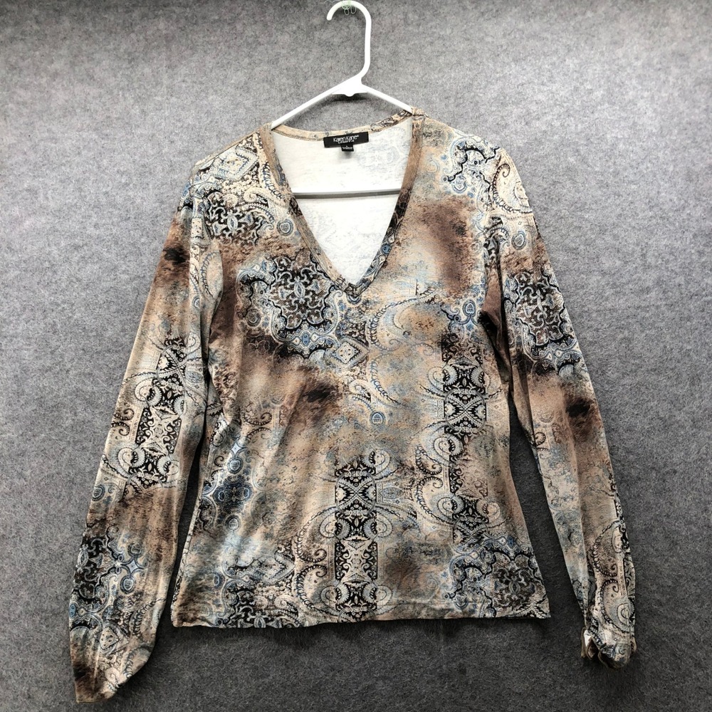 Vintage Y2K Tan Paisley V-Neck Long Sleeve Grunge Top Womens Large Fairy Boho - Picture 9 of 11